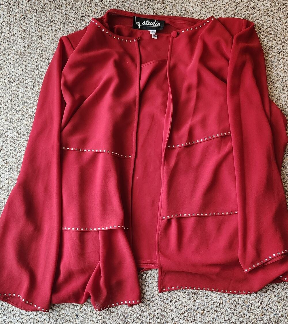 BMJ Studio 2pc Red Tiered Chiffon Jacket Tank Top Set 20W Rhinestone Formal #779